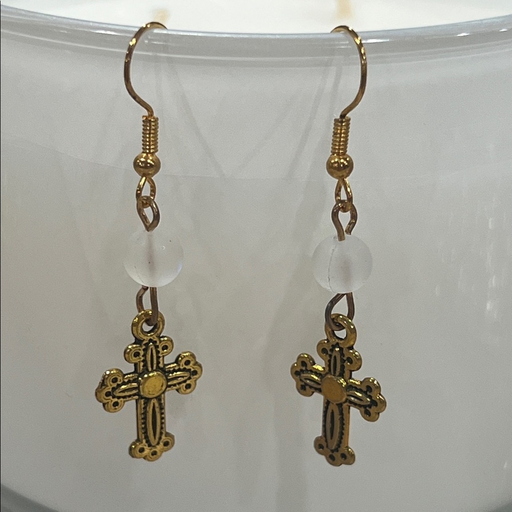 Gold Tone Cross Aura Crystal Dangle Earrings